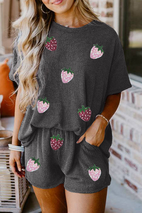 Sweet Sparkle Sequin Strawberry Patch Twist Front Ribbed Knit Shorts Outfit